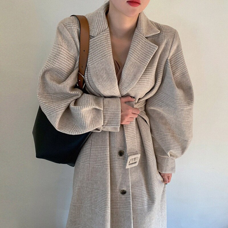한국어 세련된 프랑스 기질 옷깃 질감 디자인 싱글 브레스트 레이스 업 허리 긴 소매 트위드 코트